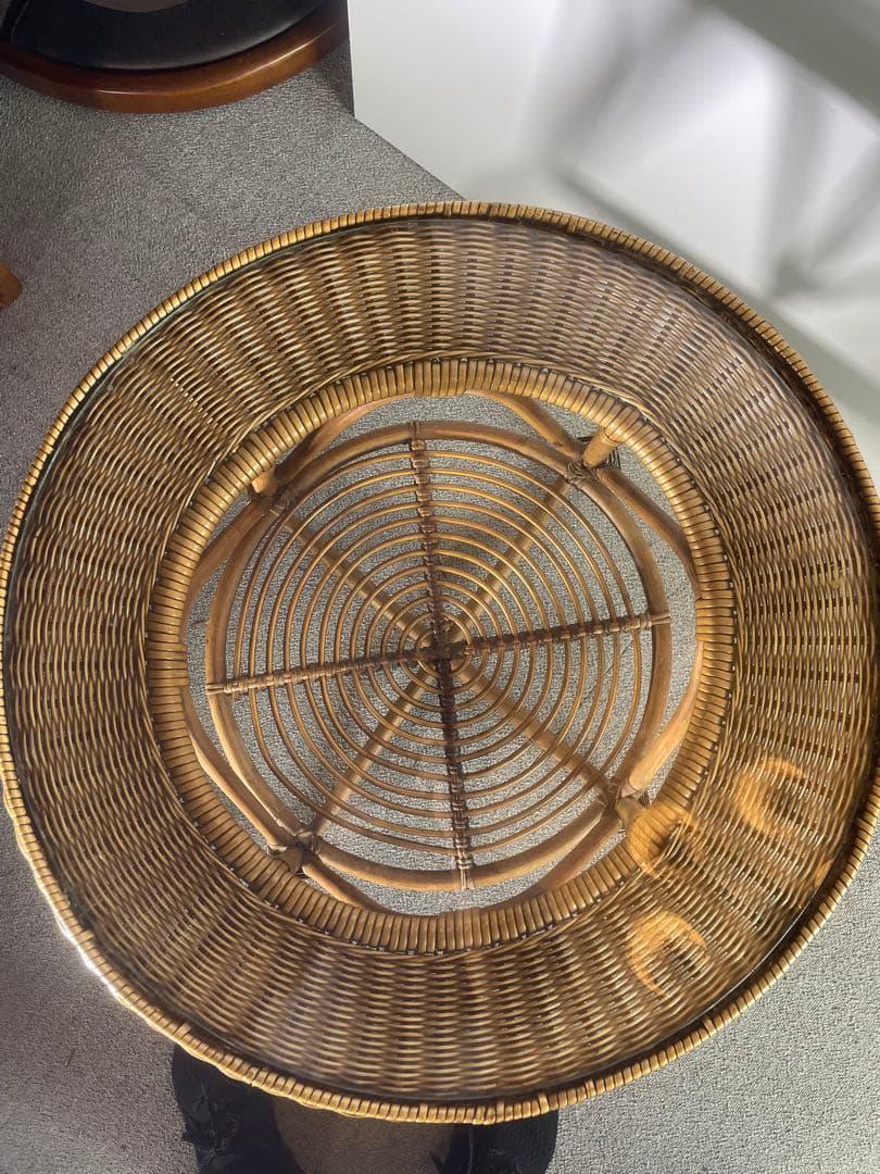 高級ラタン 丸テーブル ガラス天板 昭和レトロ ビンテージ　藤　アンティーク