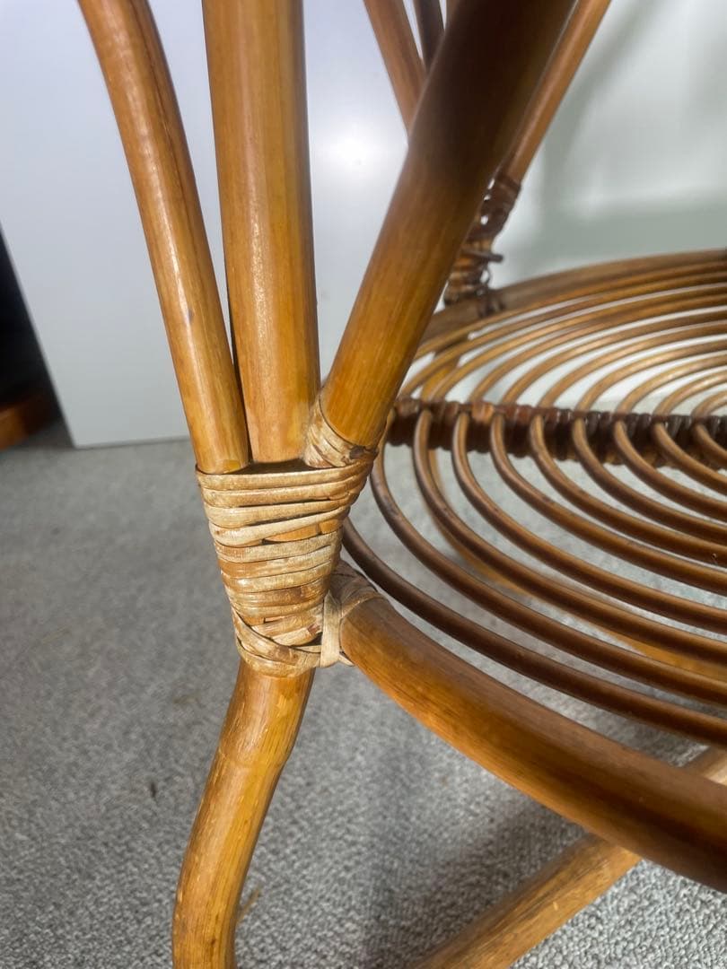 高級ラタン 丸テーブル ガラス天板 昭和レトロ ビンテージ　藤　アンティーク