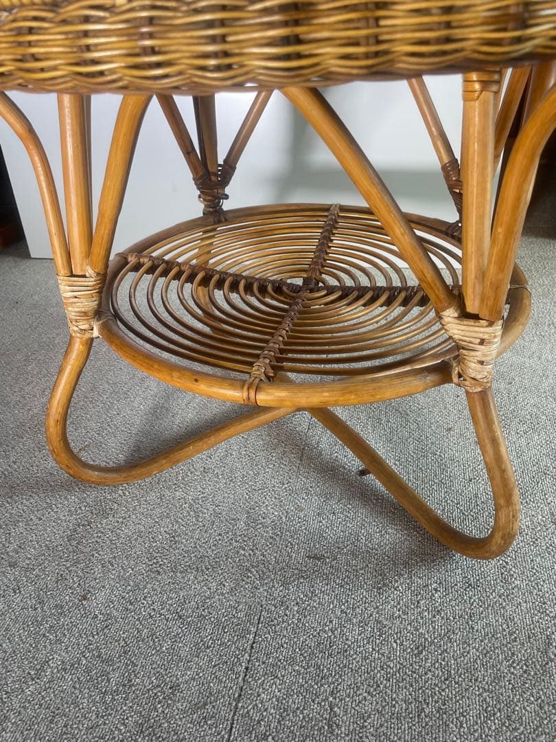 高級ラタン 丸テーブル ガラス天板 昭和レトロ ビンテージ　藤　アンティーク