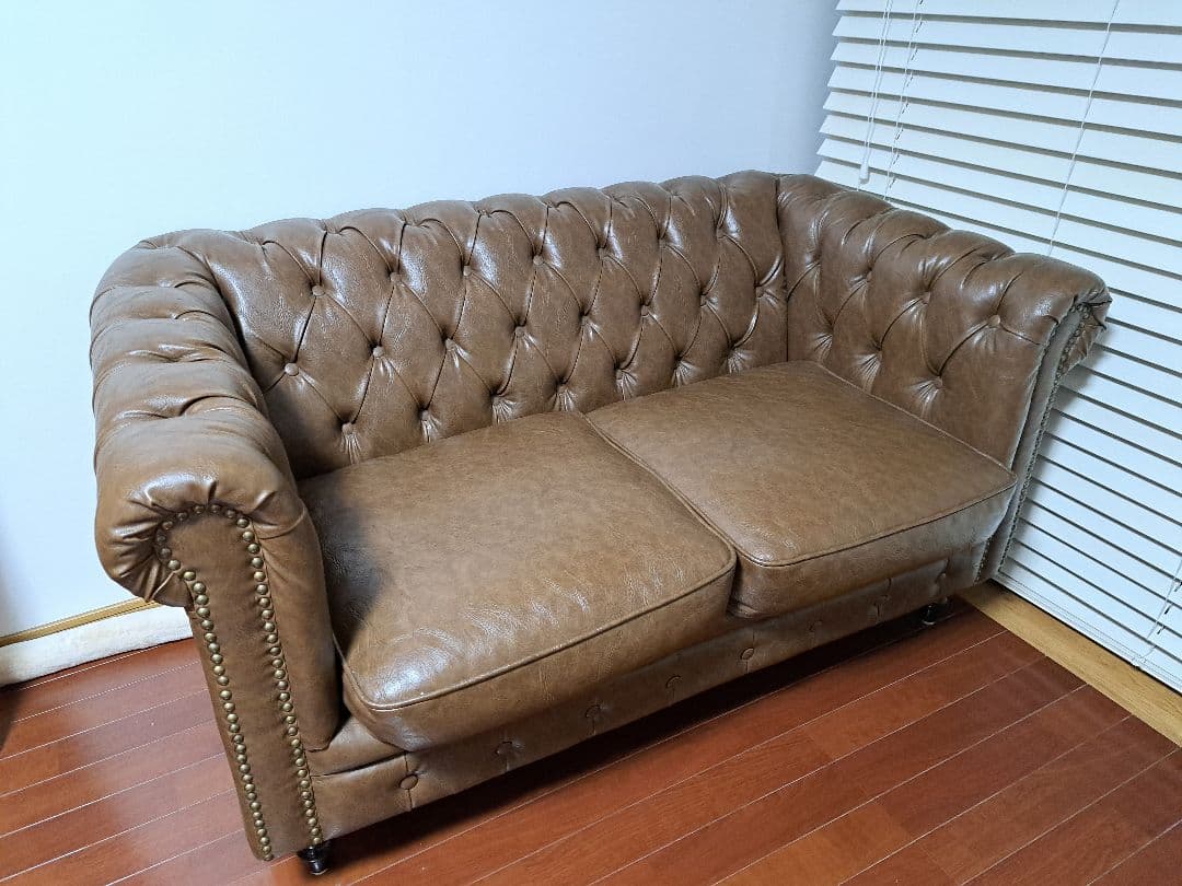 値下げ　ブラウン合成皮革2人掛けソファ