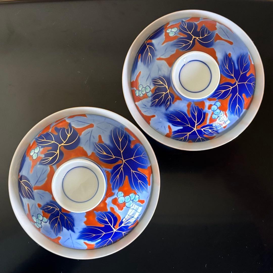 宮内庁御用達 有田焼窯元 深川製磁 染錦 葡萄外赤 蓋付夫婦飯碗 組飯碗