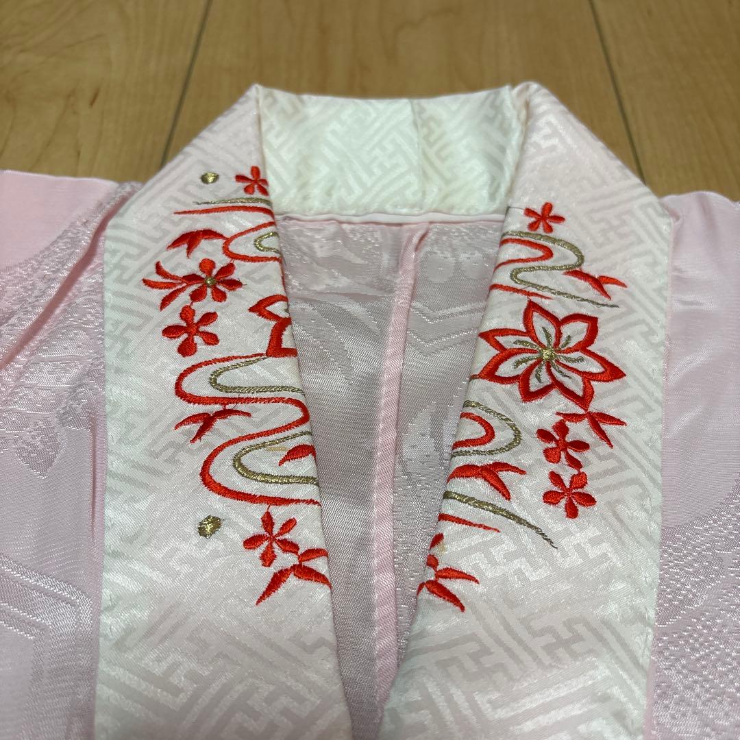 113 総絞り　正絹　オレンジ×刺繍　疋田　着物+長襦袢　7歳　七五三　四つ身