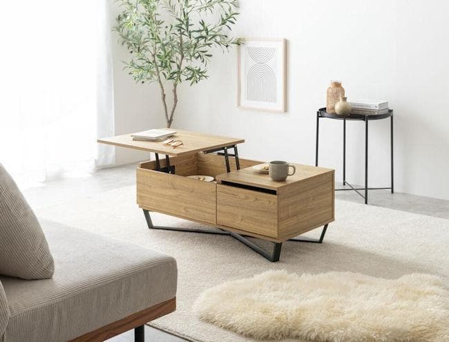 昇降式センターテーブル幅90 引出付 ローテーブル 石目調 木目調（1123）