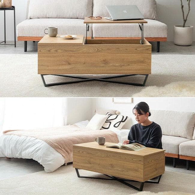 昇降式センターテーブル幅90 引出付 ローテーブル 石目調 木目調（1123）