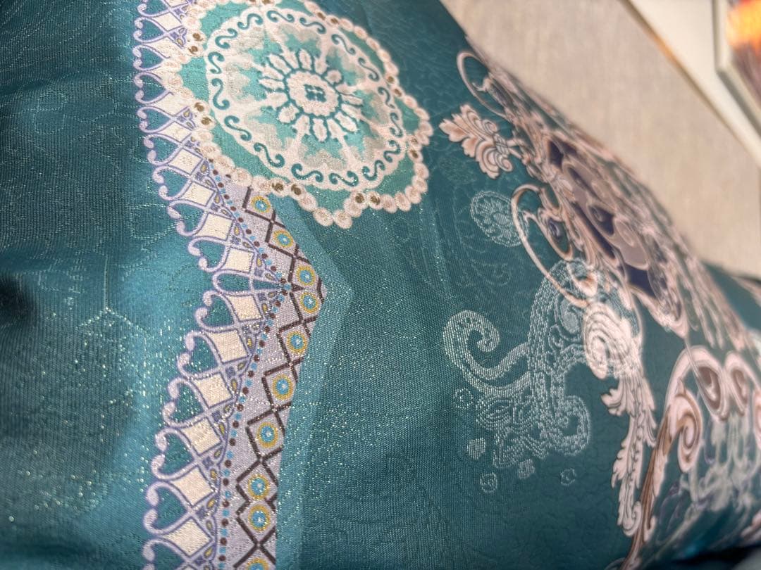 新品‼️高級シルク100% 草木染めターコイズ装飾ベッドカバー 4点セットダブル