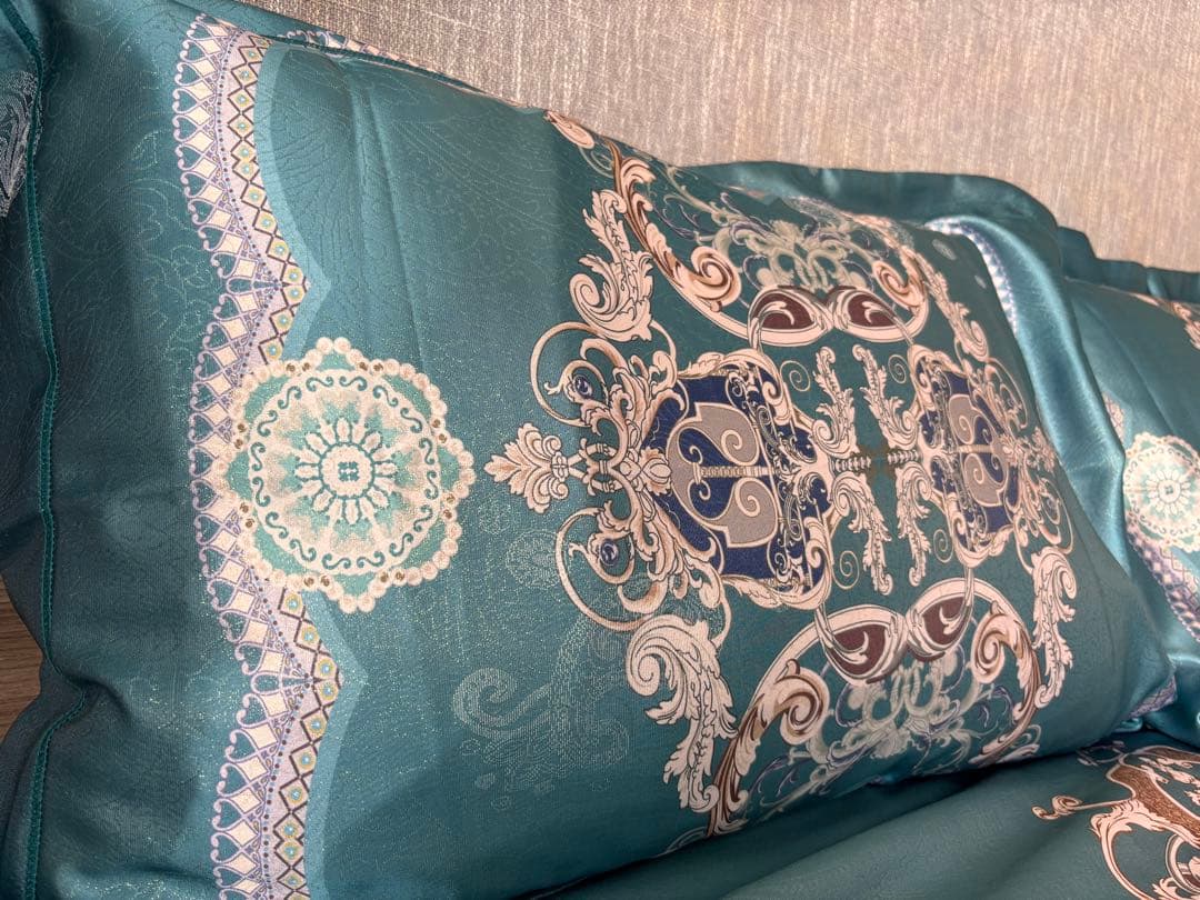 新品‼️高級シルク100% 草木染めターコイズ装飾ベッドカバー 4点セットダブル