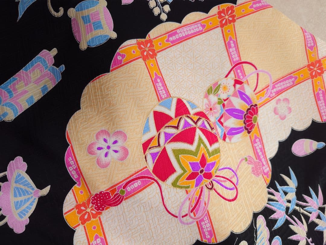 正絹　七五三　着物　長襦袢セット　黒　手毬　宝尽し