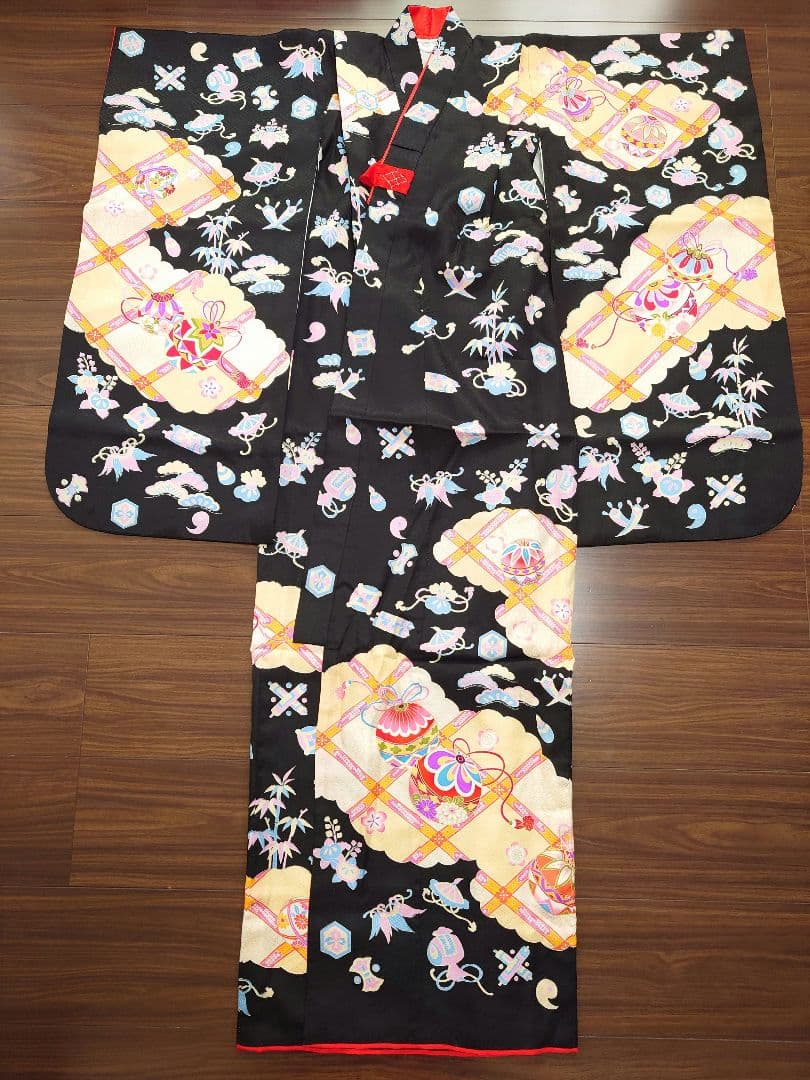 正絹　七五三　着物　長襦袢セット　黒　手毬　宝尽し