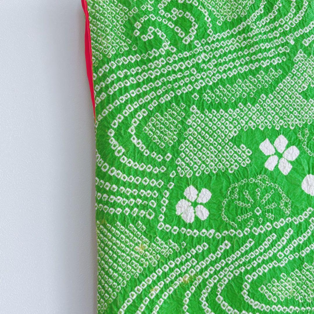 フルセット　七五三７歳女の子　上品　総絞り　緑　黒袋帯　菊　小物セット　7063