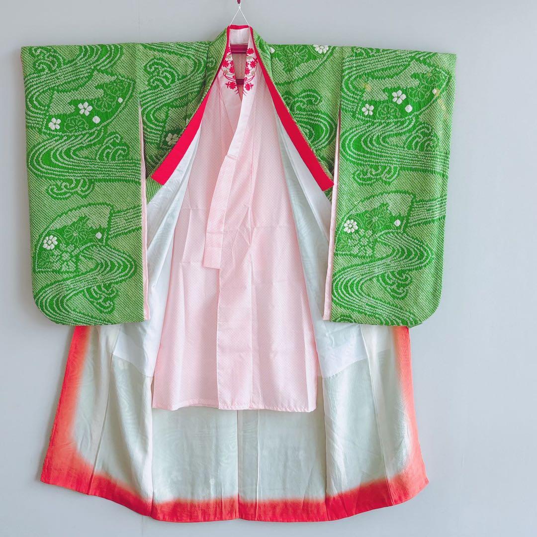 フルセット　七五三７歳女の子　上品　総絞り　緑　黒袋帯　菊　小物セット　7063