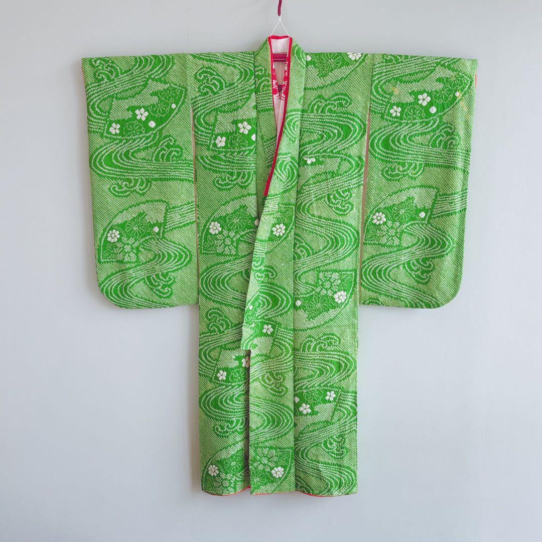 フルセット　七五三７歳女の子　上品　総絞り　緑　黒袋帯　菊　小物セット　7063