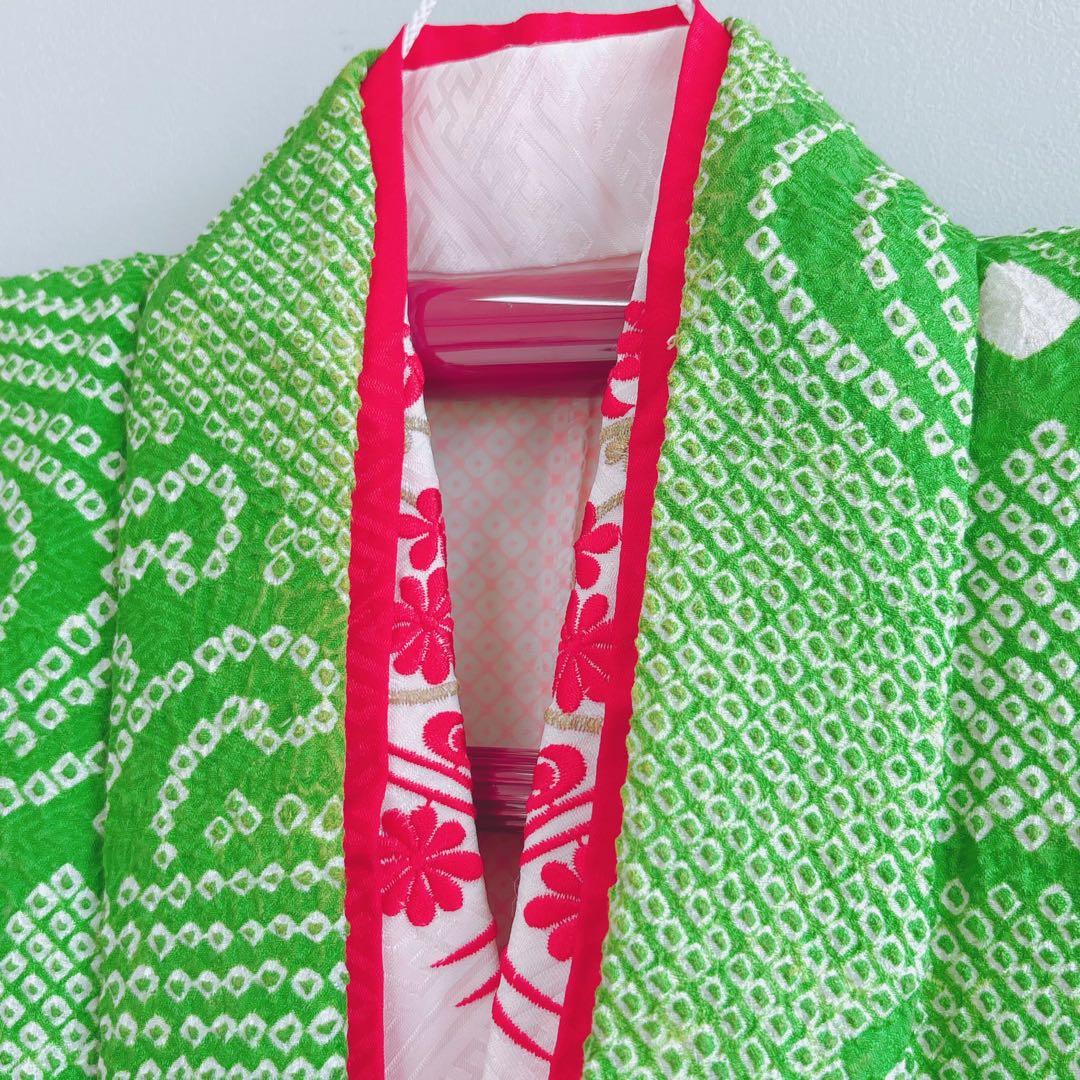 フルセット　七五三７歳女の子　上品　総絞り　緑　黒袋帯　菊　小物セット　7063