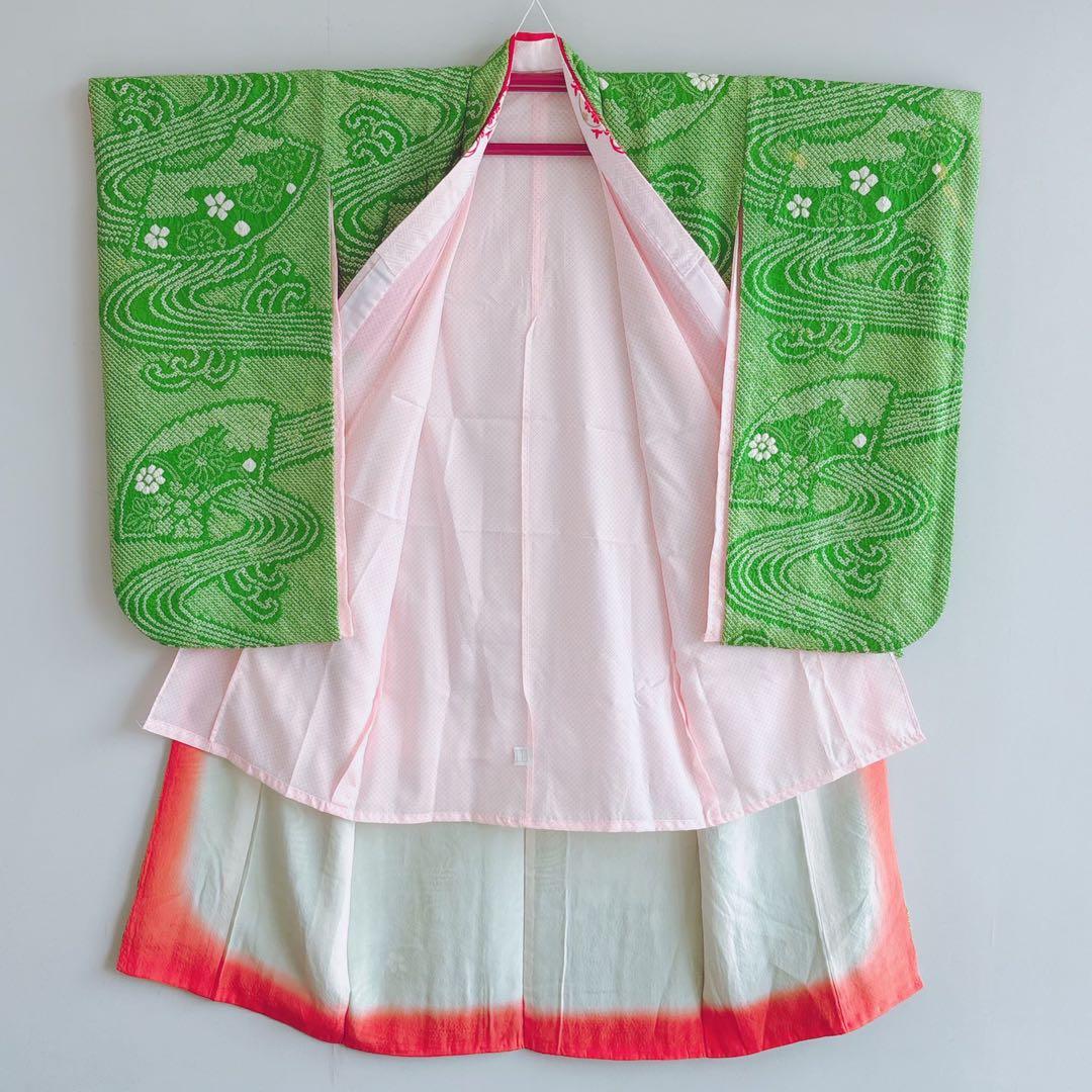 フルセット　七五三７歳女の子　上品　総絞り　緑　黒袋帯　菊　小物セット　7063