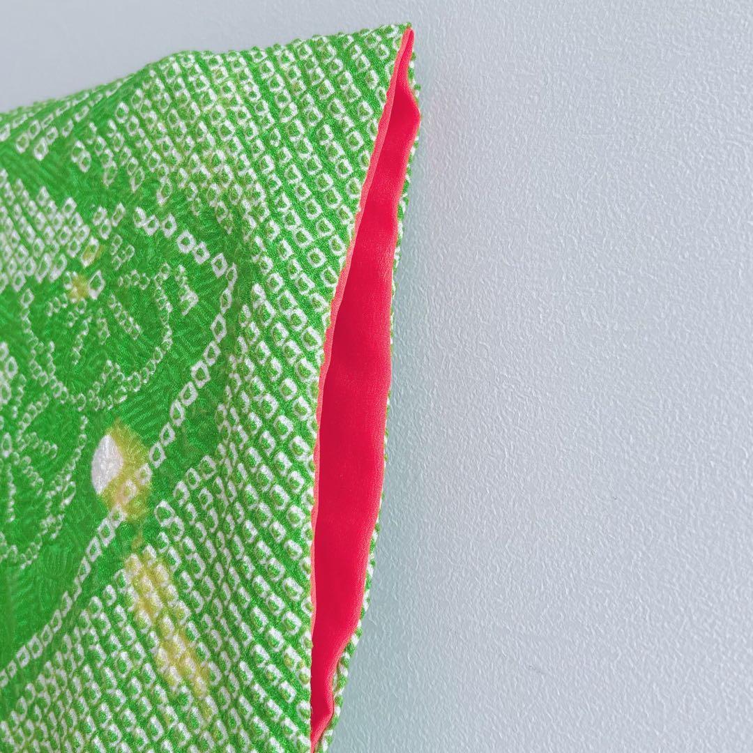 フルセット　七五三７歳女の子　上品　総絞り　緑　黒袋帯　菊　小物セット　7063