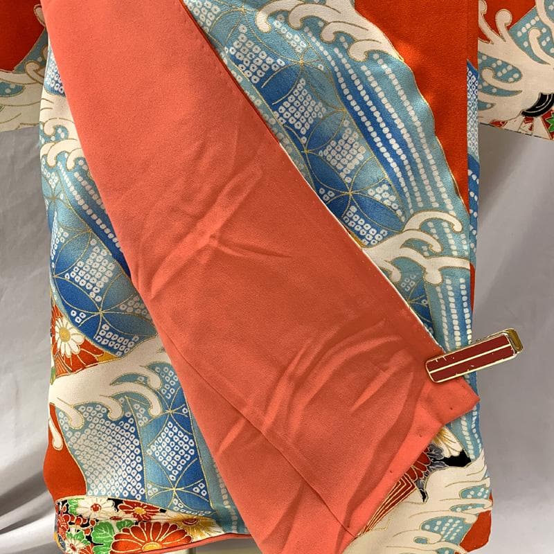 508ag72□七五三 七歳 女児 着物&袋帯&長襦袢 荒波 源氏車□状態良好