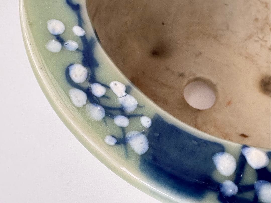 戦前 統制番号 未使用 瀬戸焼 古瀬戸 尾張焼 青磁 染付 植木鉢 盆栽鉢 梅図