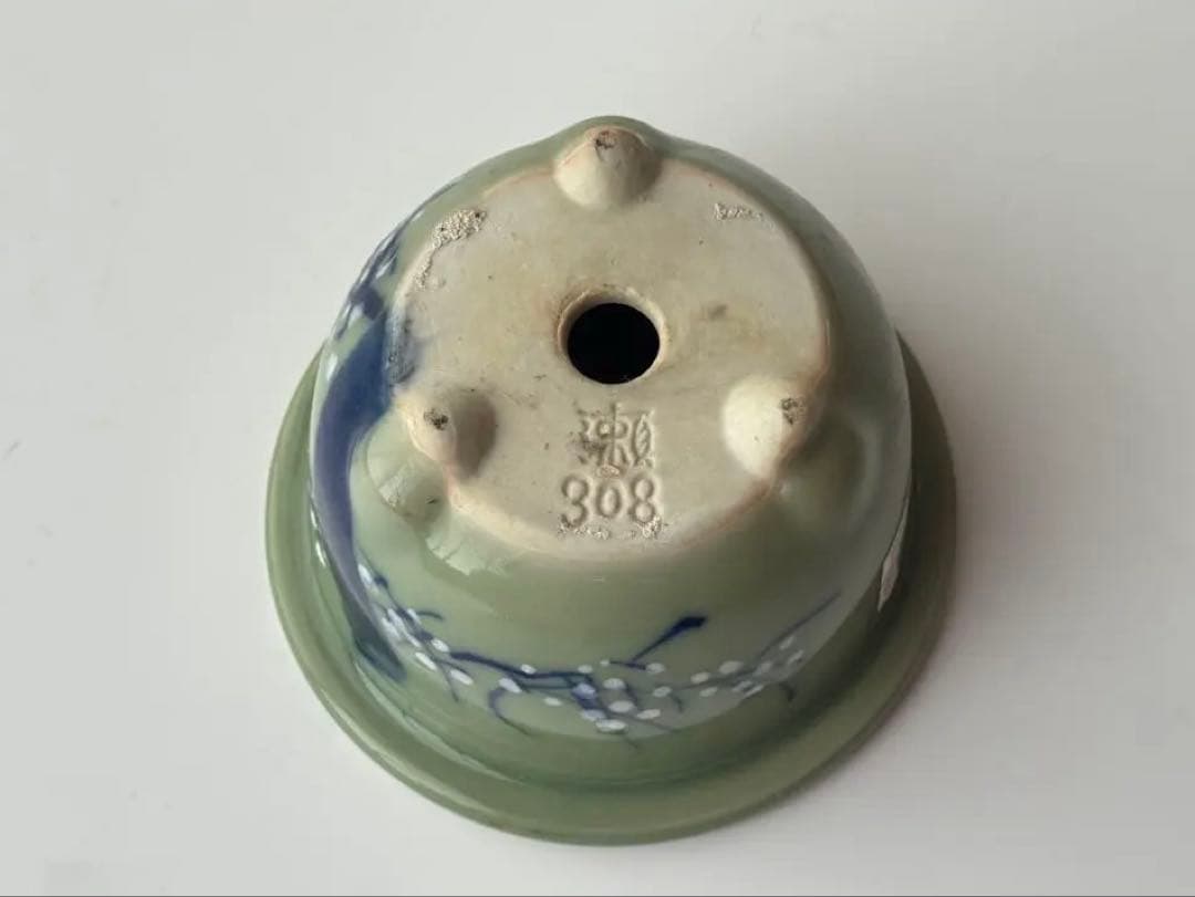 戦前 統制番号 未使用 瀬戸焼 古瀬戸 尾張焼 青磁 染付 植木鉢 盆栽鉢 梅図