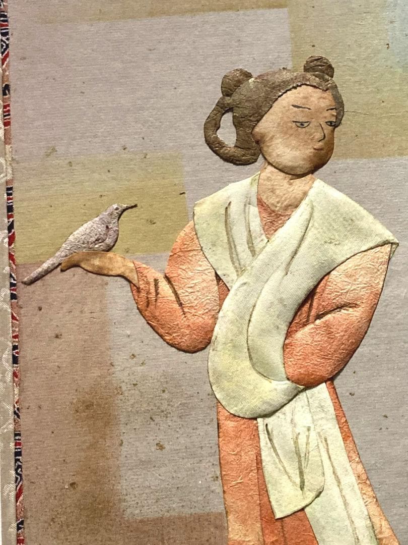 昔は有名な荒川夏子 古典絵 古代壁画女人像 1982年貼り絵細工 絵画