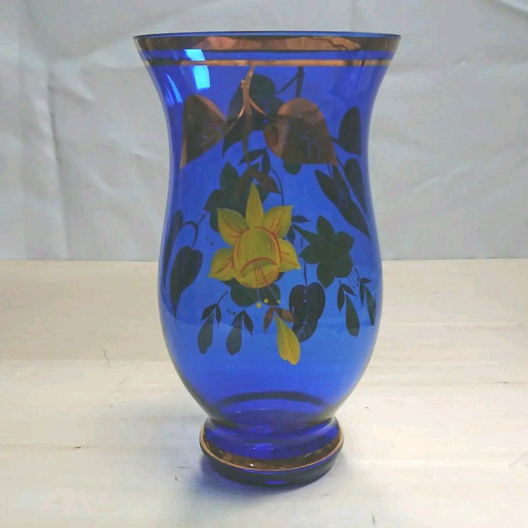 未使用 ボヘミアン グラス 花瓶 金彩 青 - メルカリ