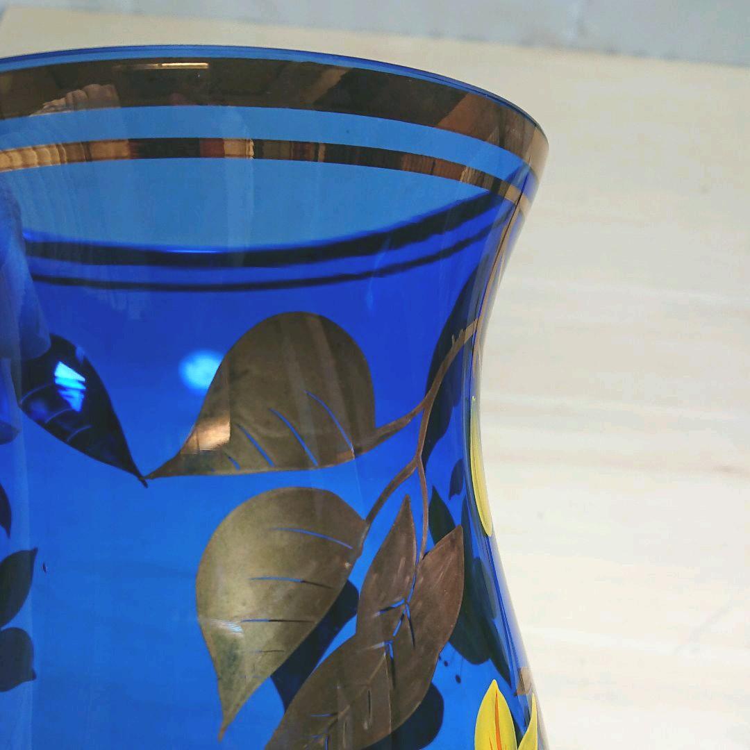 未使用 ボヘミアン グラス 花瓶 金彩 青 - メルカリ
