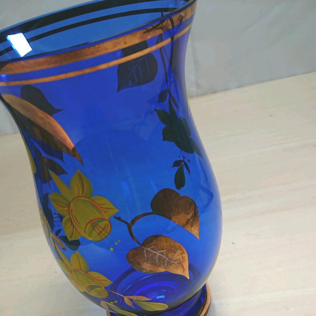 未使用 ボヘミアン グラス 花瓶 金彩 青 - メルカリ