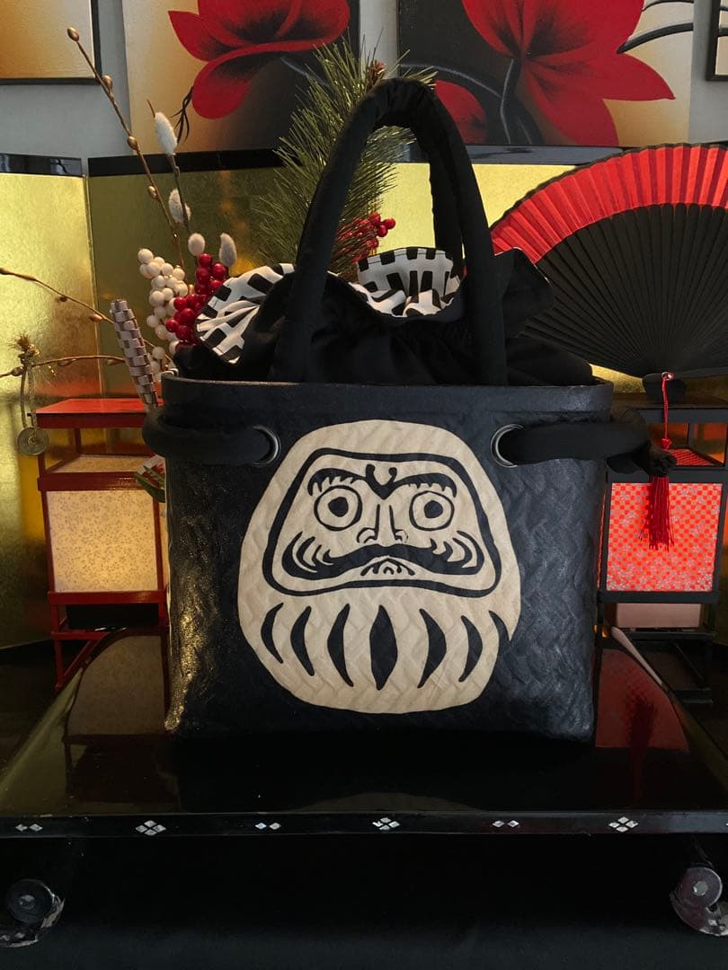 一閑張り　一閑張りバッグ　達磨　福達磨　和紙　大正　着物　縁起達磨　格子