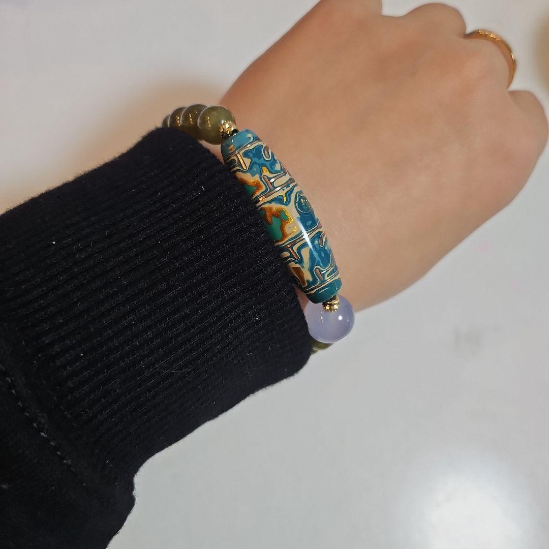 漆　天珠　グリーンガーネット　カルセドニー　ブレスレット