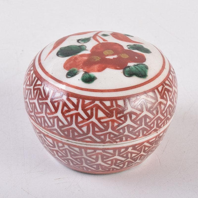 中国　呉須赤絵　花文　香合　時代箱　V　R8886