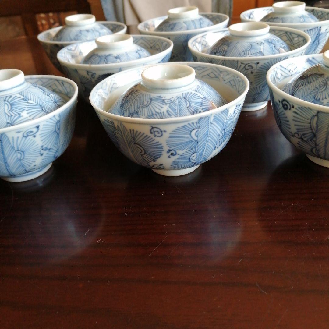 古伊万里　染付線描蓋茶碗　8客　10.5cm　江戸後期～幕末