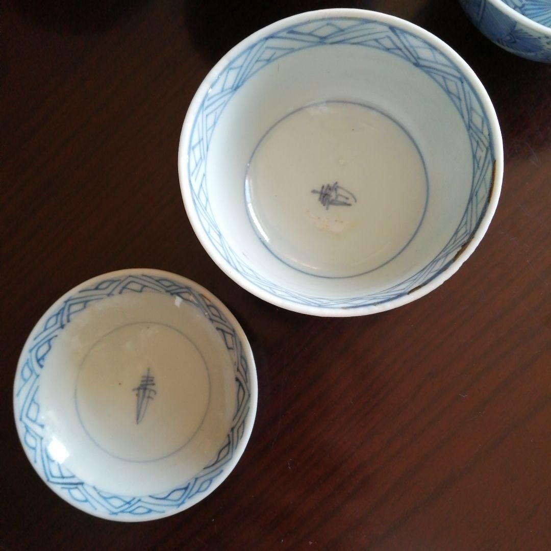 古伊万里　染付線描蓋茶碗　8客　10.5cm　江戸後期～幕末