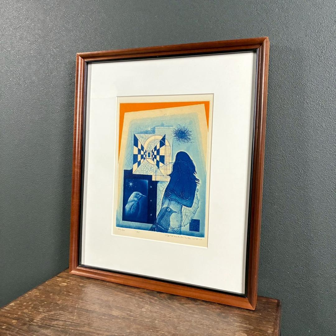 美品 深沢幸雄「女性と鳥」銅版画 彩色 1975年作 直筆サイン入り 額縁
