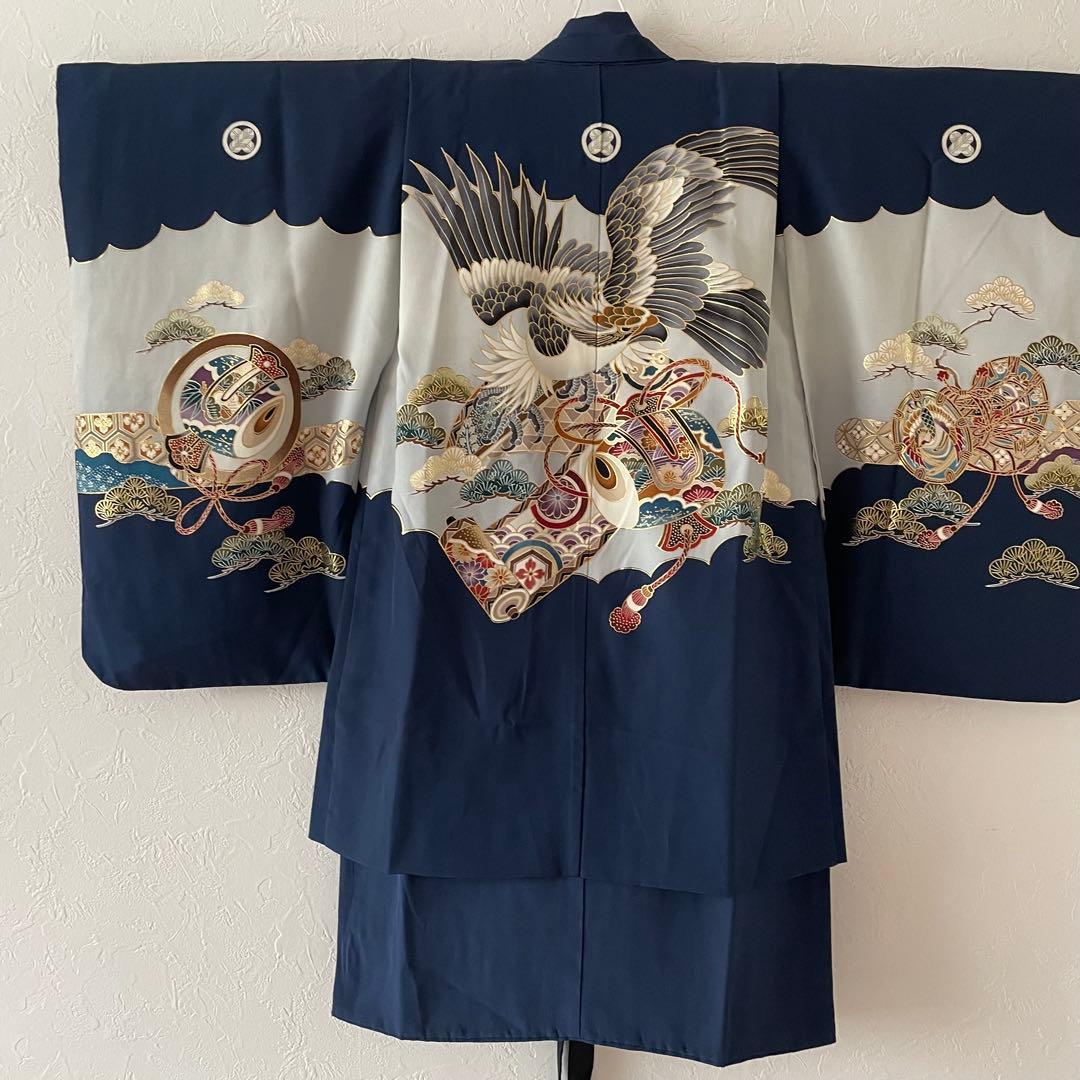 七五三　5歳　正絹　羽織　袴セット　ネイビーコーデ