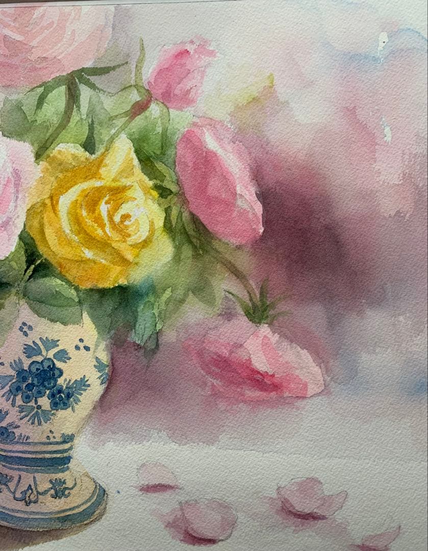 透明水彩画原画美しい薔薇とデルフト焼きの花瓶①
