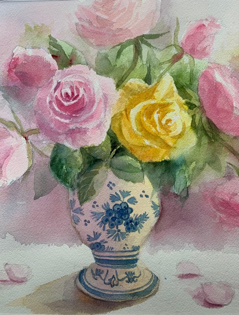 透明水彩画原画美しい薔薇とデルフト焼きの花瓶①