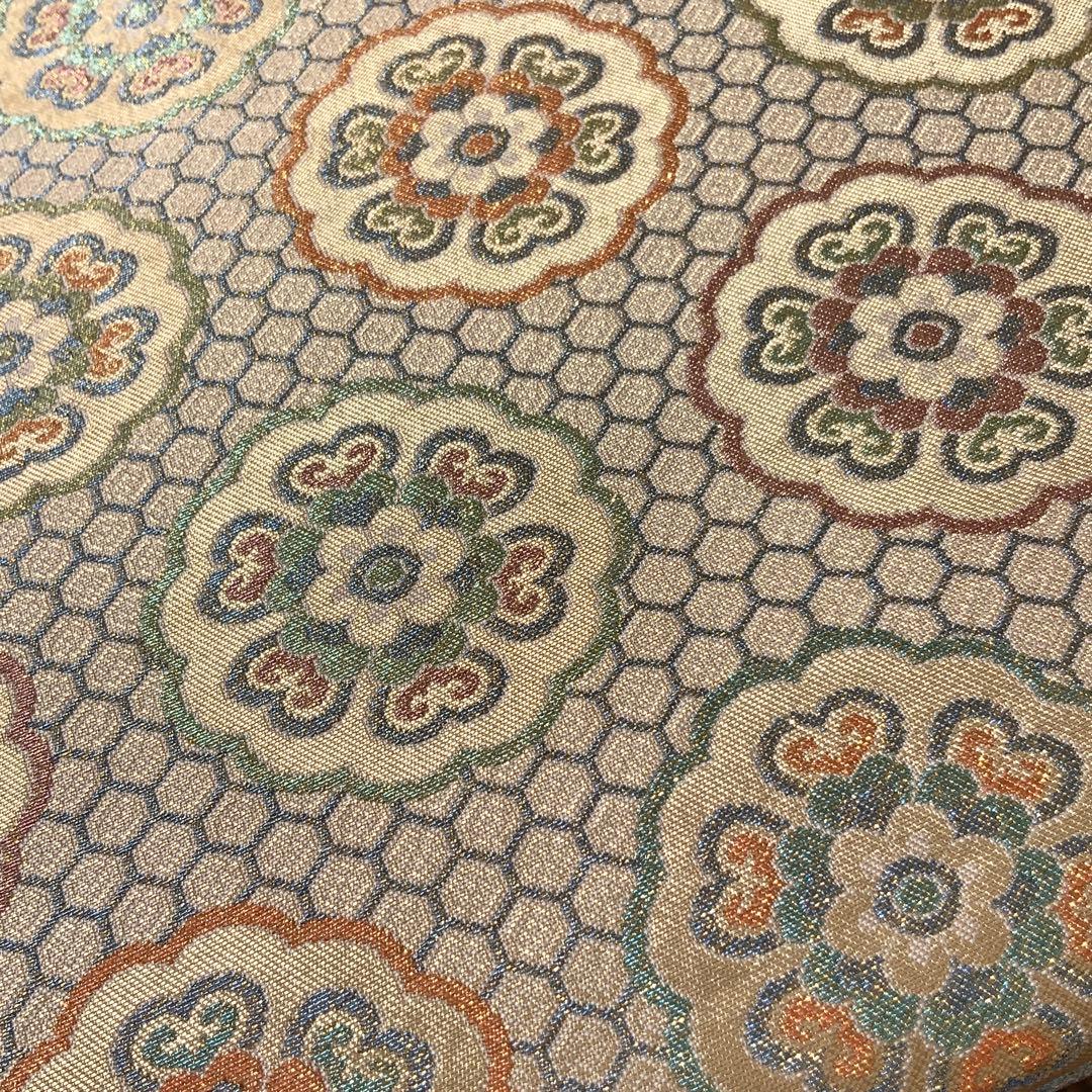 袋帯　きらめく吉祥花文　リメイク　バンブーハンドルバッグ　浅型マチ広め