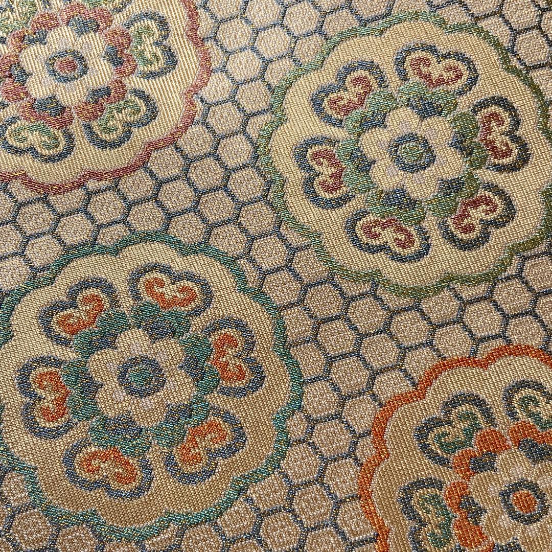 袋帯　きらめく吉祥花文　リメイク　バンブーハンドルバッグ　浅型マチ広め