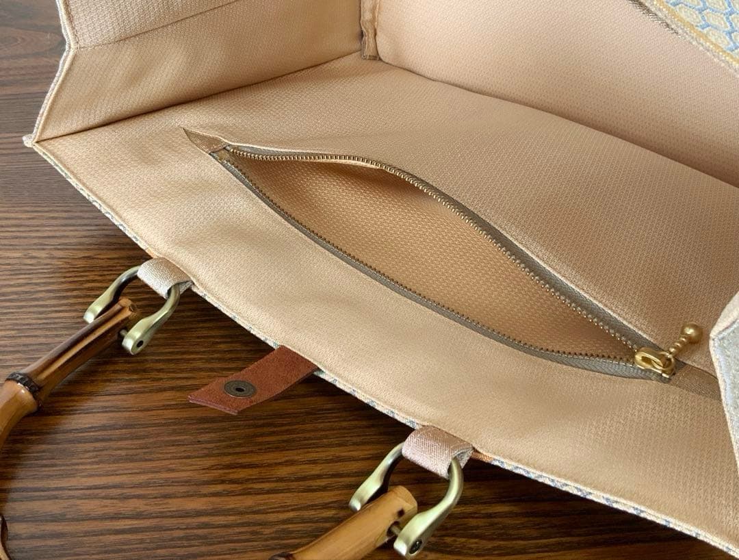 袋帯　きらめく吉祥花文　リメイク　バンブーハンドルバッグ　浅型マチ広め