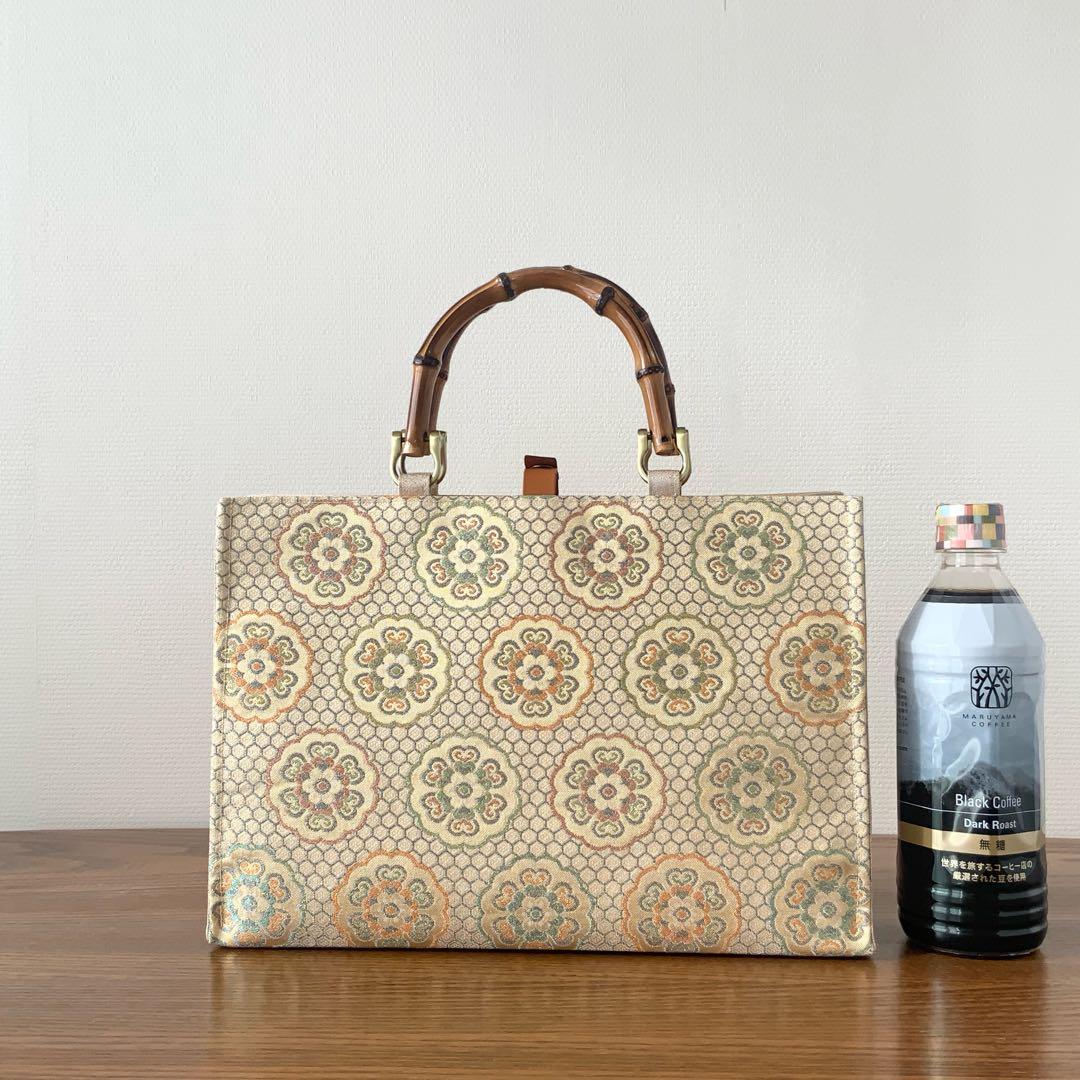 袋帯　きらめく吉祥花文　リメイク　バンブーハンドルバッグ　浅型マチ広め