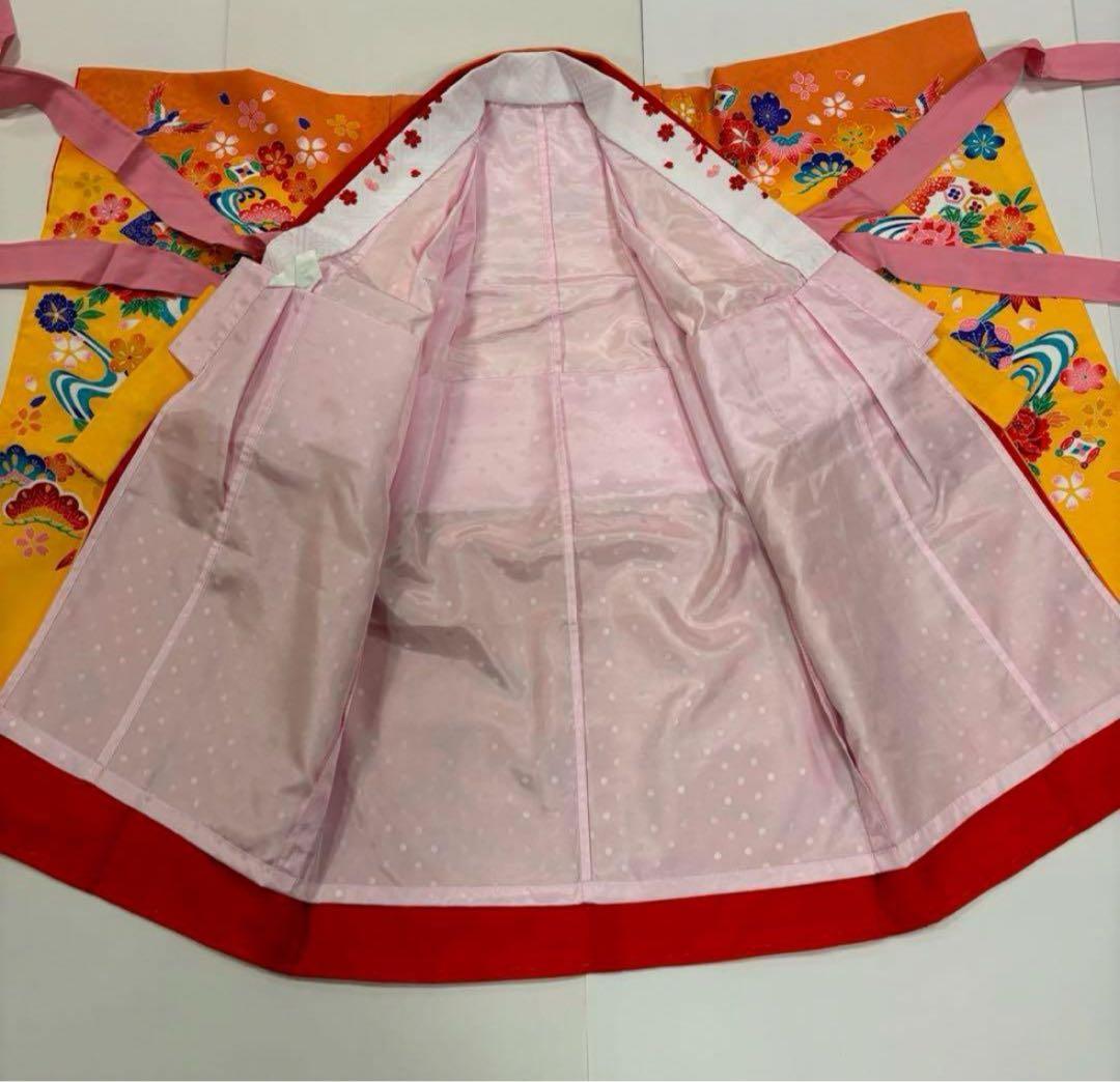 七五三　3歳女の子着物　２点セット　新品　華やか黄色　紅型風　鈴　松竹梅　鳳凰