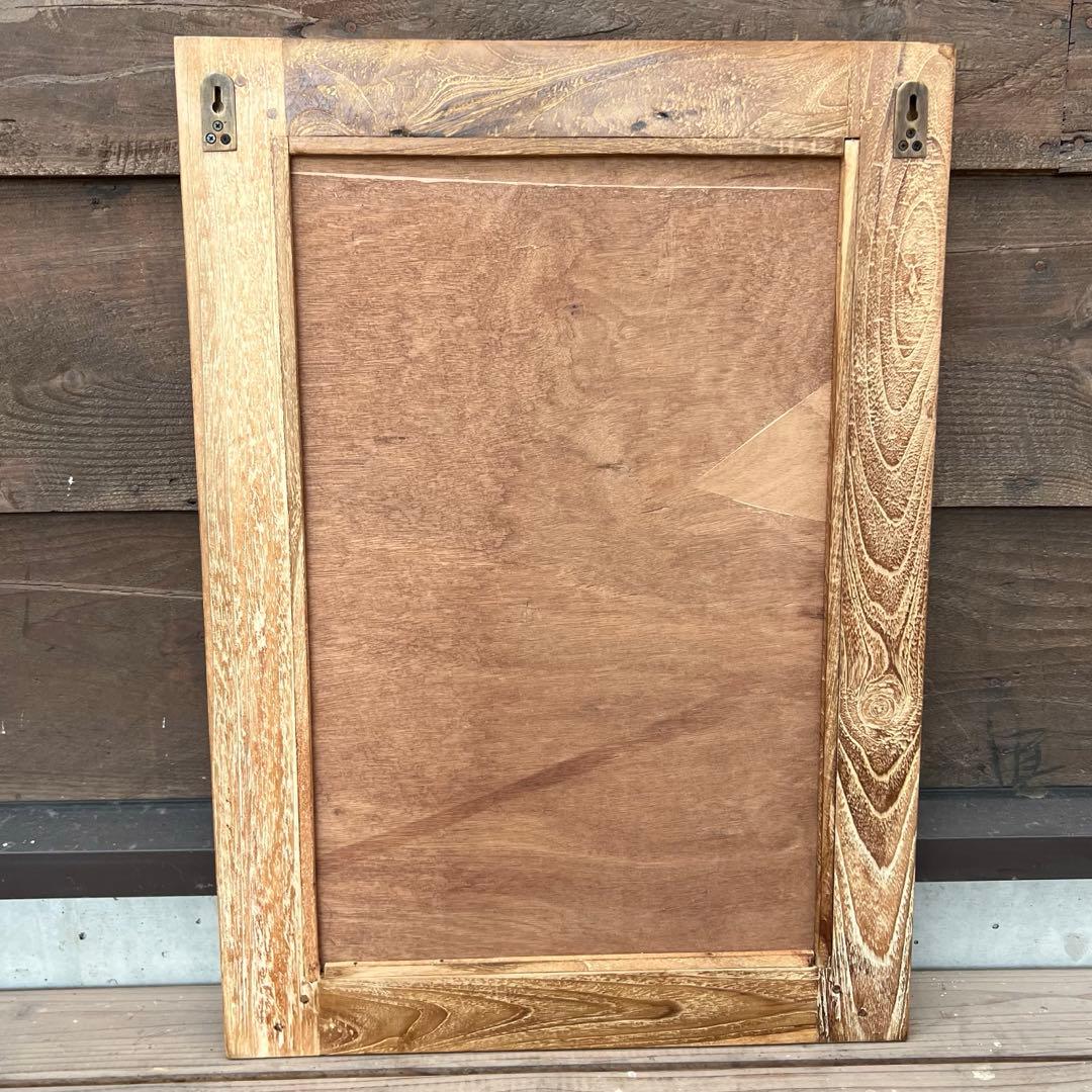 オールドチーク材の壁掛け鏡 70cm × 50cm 木製フレーム 無垢材