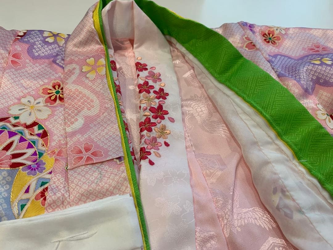 七五三⭐︎正絹⭐︎桜古典柄着物、被布コート、ファー襟付き7点セット新品タグ付三歳五歳