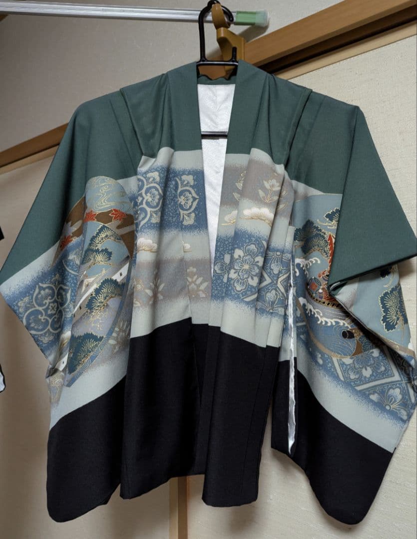 子供用 鶴刺繍 和服 青黒ストライプ