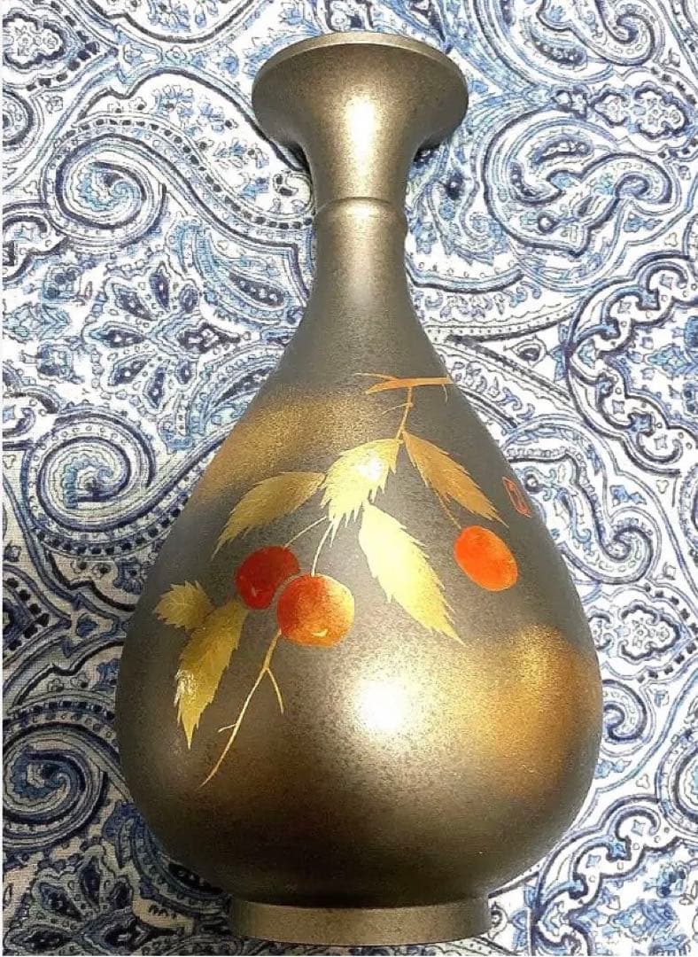 金運爆上げ　風水最高！高級山形限定品　縦15cm特殊朱銅製さくらんぼ花瓶　月山釜