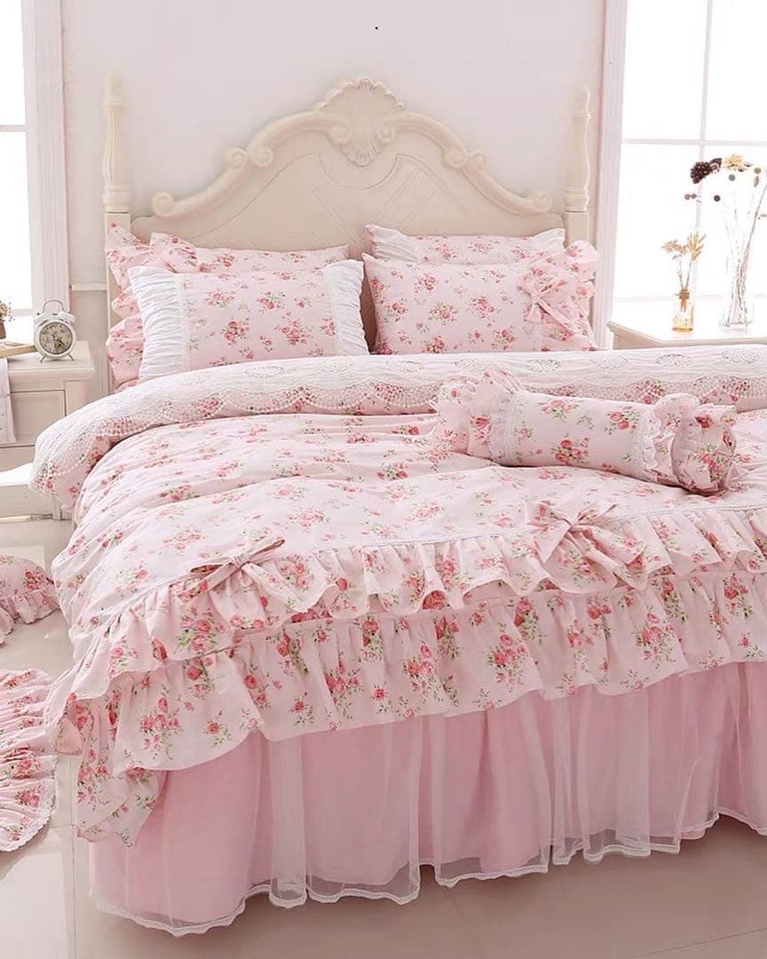 フリル付き花柄セミダブルカバーセット