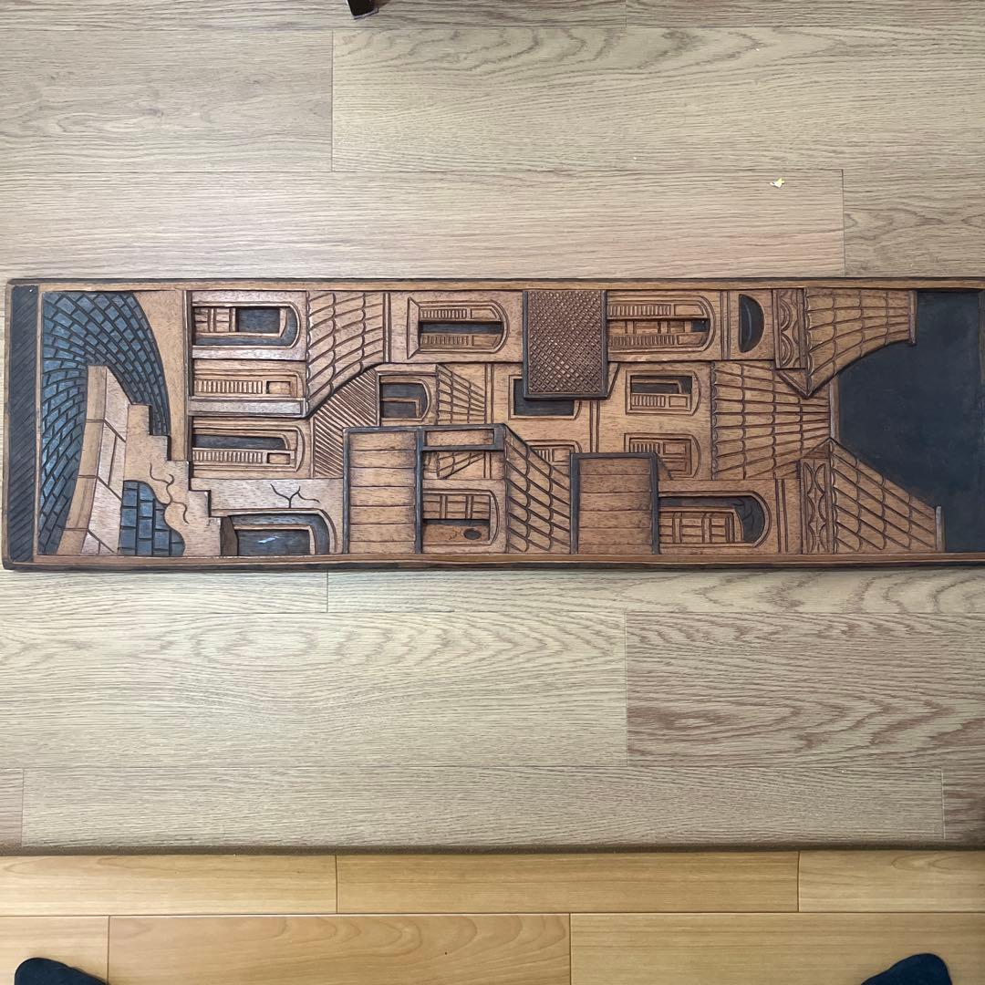 木製農業シーン浮彫りレリーフ 約80cm