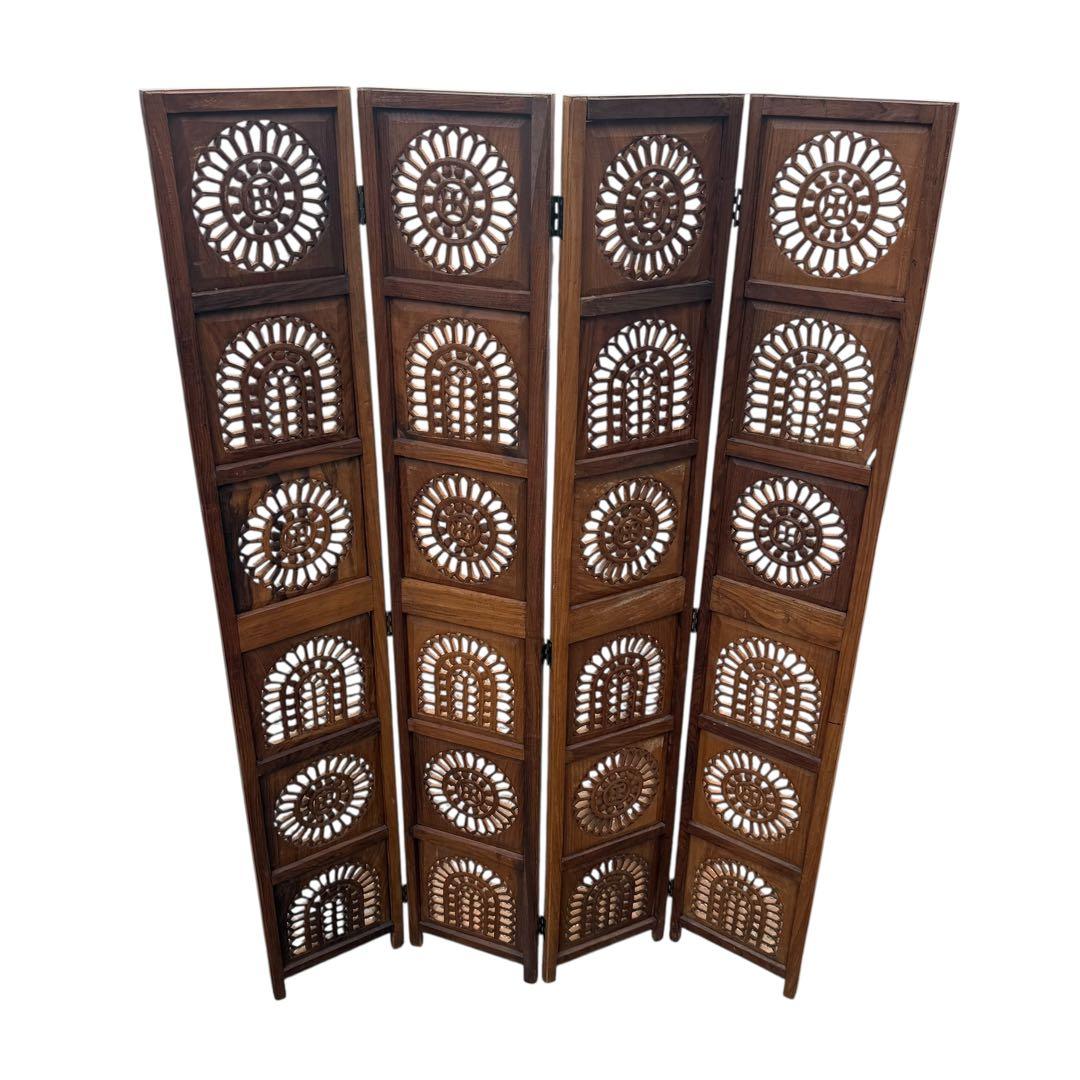 彫刻アンティーク 木製パーテーション 4連 透かし彫り 間仕切り