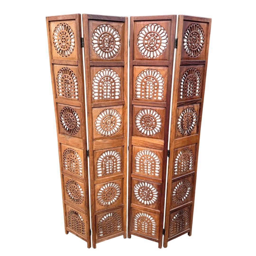 彫刻アンティーク 木製パーテーション 4連 透かし彫り 間仕切り
