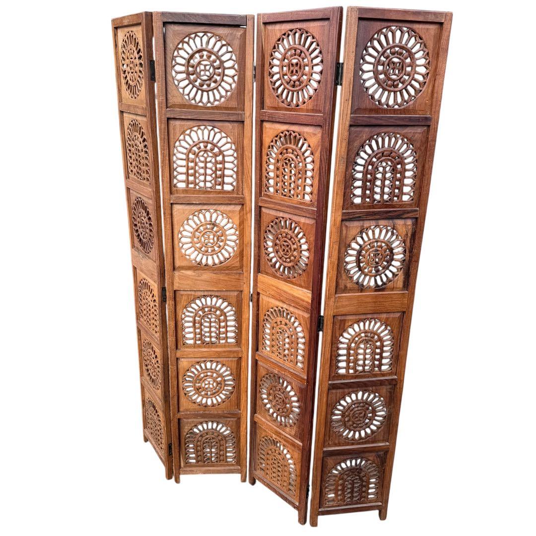 彫刻アンティーク 木製パーテーション 4連 透かし彫り 間仕切り