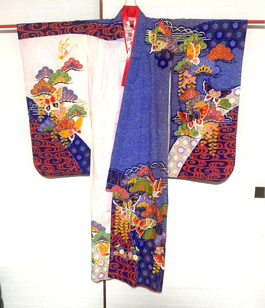 七五三 7才 着物 作り帯 小物セット 中古品 蝶々 絞り柄