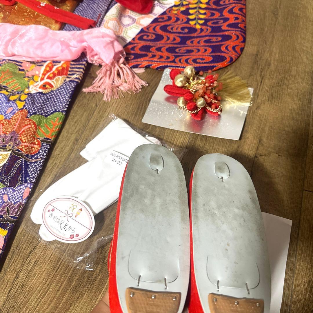 七五三 7才 着物 作り帯 小物セット 中古品 蝶々 絞り柄